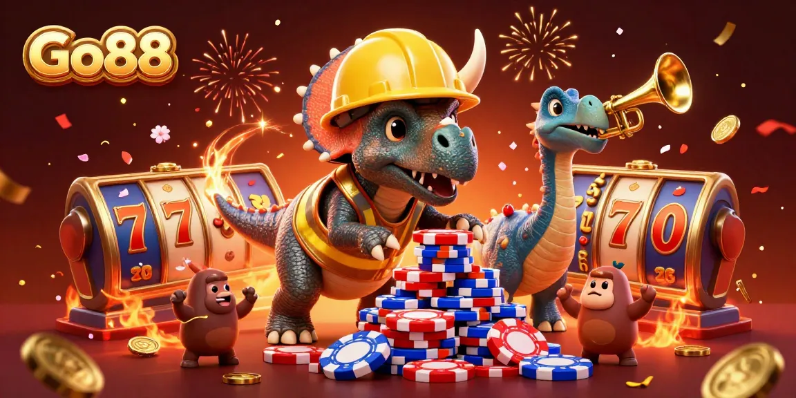 Go88 celebrates with a vibrant, animated scene of a triceratops building poker chips surrounded by festive casino elements.