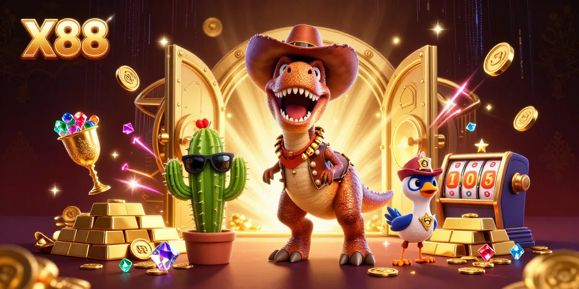 X88 reveals stunning wins amidst a vibrant casino scene with a T-Rex cowboy, sparkling treasure, and dynamic slot game elements.