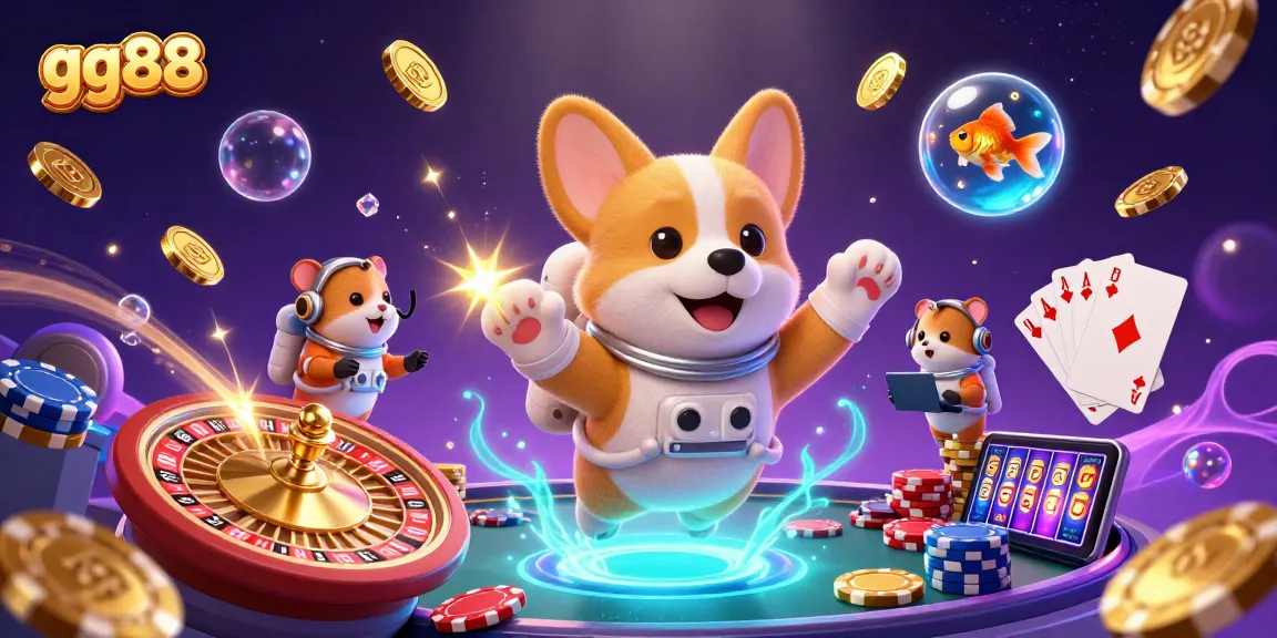 Experience the excitement at gg88 with a vibrant space casino scene featuring an astronaut corgi and colorful game elements.