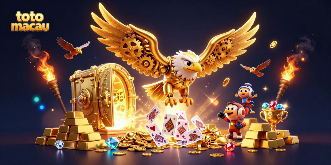 Toto macau illustrations showcase a dynamic scene with golden eagle, casino elements, and treasure.