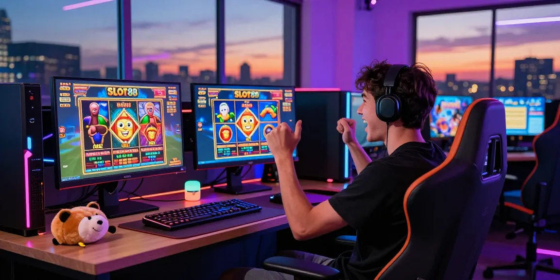 SLOT88 gaming experience with a player celebrating a win in a modern gaming setup