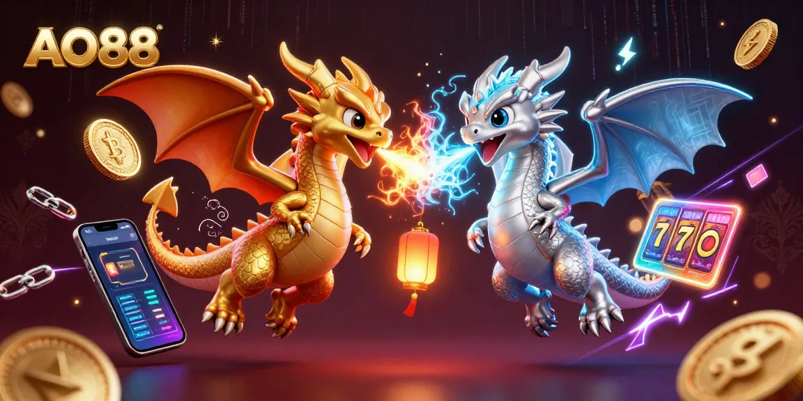 Bet on your luck with AO88's vibrant dragon-themed casino illustration, showcasing Bitcoin and Ethereum elements.